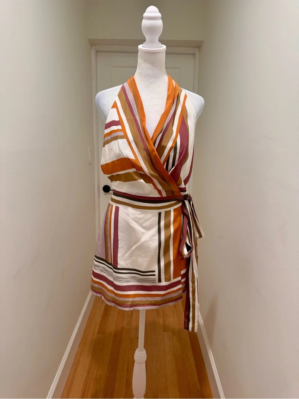 SIR the label Striped Halter Wrap Mini Dress in Rust, Cream & Mauve - Picture 2 of 8